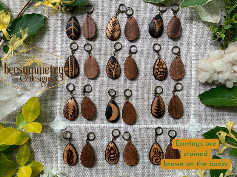 Wood Teardrop Earrings Geometric Designs Woodburned Drop Lightweight Simple Dangle Wooden Earrings Boho Pyrography image 2