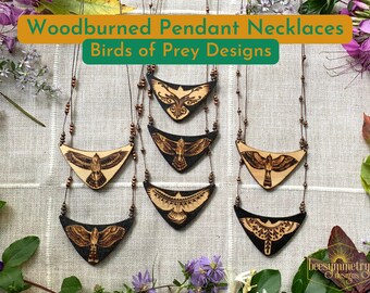 Colliers d’oiseaux de proie ~ Pendentifs brûlés au bois avec faucon, faucon, motifs d’oiseaux de proie, bijoux en bois avec perles de cuivre, cordon de lin brun