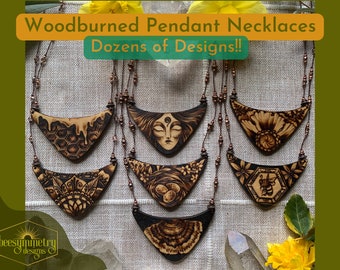 Woodburned Pendant Necklaces-  Wooden Jewelry with Copper Beads, Brown Linen Cord, Floral, Mushrooms, Nature Designs, Mandalas and more!