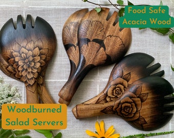 Woodburned Salad Servers, Acacia Wood Salad Scoops, Dahlias, Roses, Ginkgo, Dark brown wooden Large Tongs with botanical floral designs