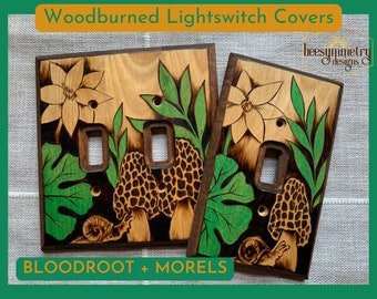 Bloodroot + Morel Mushroom Lightswitch Covers- Snail Green Forestcore Wood burned wall plate home decor pyrography light switch accents art