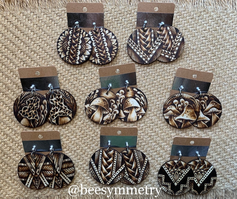 OOAK Free Shipping! Woodburned Earrings ~ Wood Circle Drop Earrings Boho Style