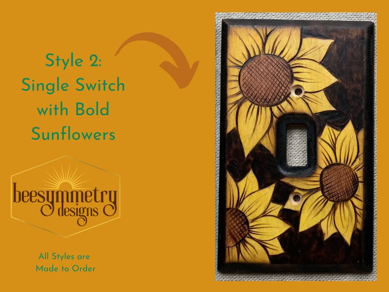 Lightswitch Covers Wood burned with oak leaves, sunflowers, earthy art deco designs Wooden Wall plate with pyrography light switch Style 2