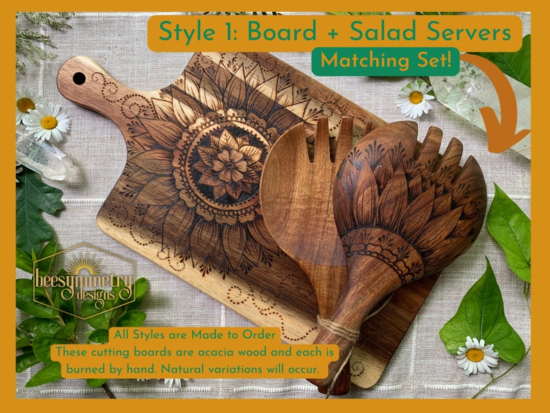 Holzgebrannte Schneidebretter, passendes Servierset, Salatbesteck aus Akazienholz und Charcuterie Board mit botanischen Blumenmandala-Designs Style 1 Matching Set