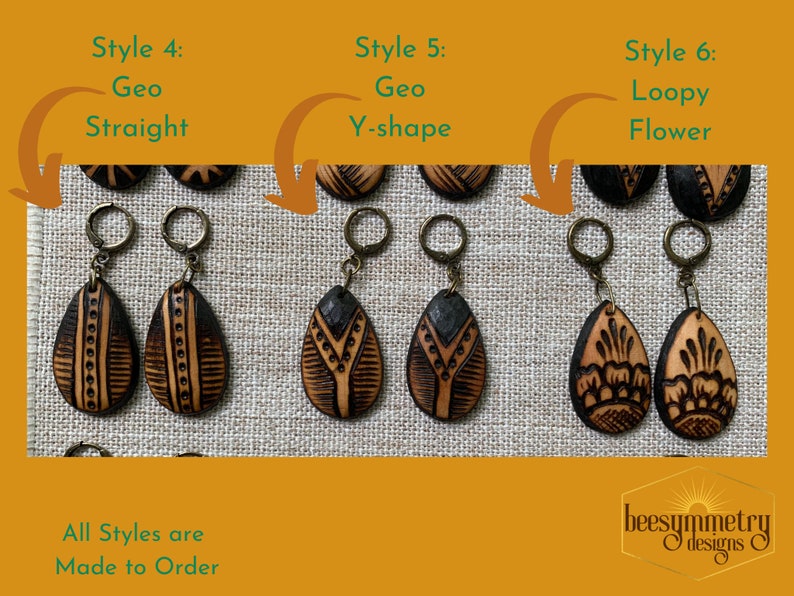 Wood Teardrop Earrings Geometric Designs Woodburned Drop Lightweight Simple Dangle Wooden Earrings Boho Pyrography image 4