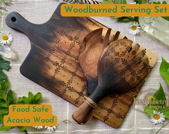 Woodburned Serving Set, Acacia Wood Salad Servers and Charcuterie Board with geometric folk pattern designs