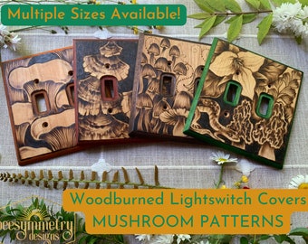 Mushroom Lightswitch Covers Wood burned wall plate with shroom patterns Wooden home decor pyrography light switch accents art morels oyster