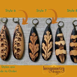 Long Wood Teardrop Earrings with Natural Designs, Feathers, Mushrooms, Ferns, Plants Wood burned Drop Dangle Wooden Boho Jewelry image 5