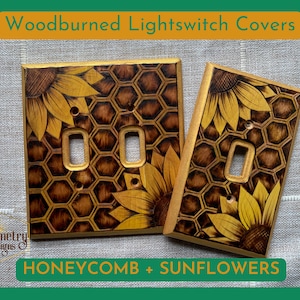 Cubierta de interruptor de luz de girasol con diseño de panal de abeja quemado en madera: decoración del hogar hecha a mano