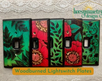 Lightswitch Covers Wood burned with ferns, leaves and poppy flowers Red and Green Wooden Wall plate with pyrography light switch
