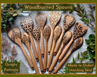 Woodburned Spoons - Ornate Nature designs, food safe wood wooden spoons for kitchen cooking cook handmade gifts housewarming matching sets