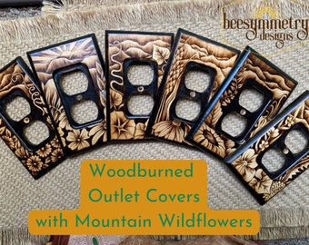 Mountain Wildflower Landscape Wood burned Outlet Covers Wooden Wall plate with pyrography