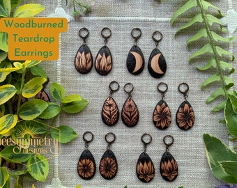 Botanical Teardrop Earrings Floral Designs Woodburned Drop Lightweight Simple Dangle Wooden Earrings Boho Nature Inspired