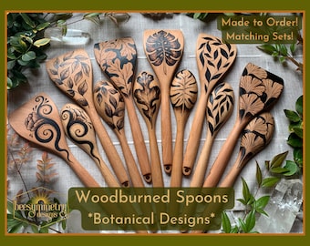 Woodburned Spoons - Botanical Leaf designs, food safe wood wooden spoons for kitchen cooking cook handmade gifts housewarming matching sets