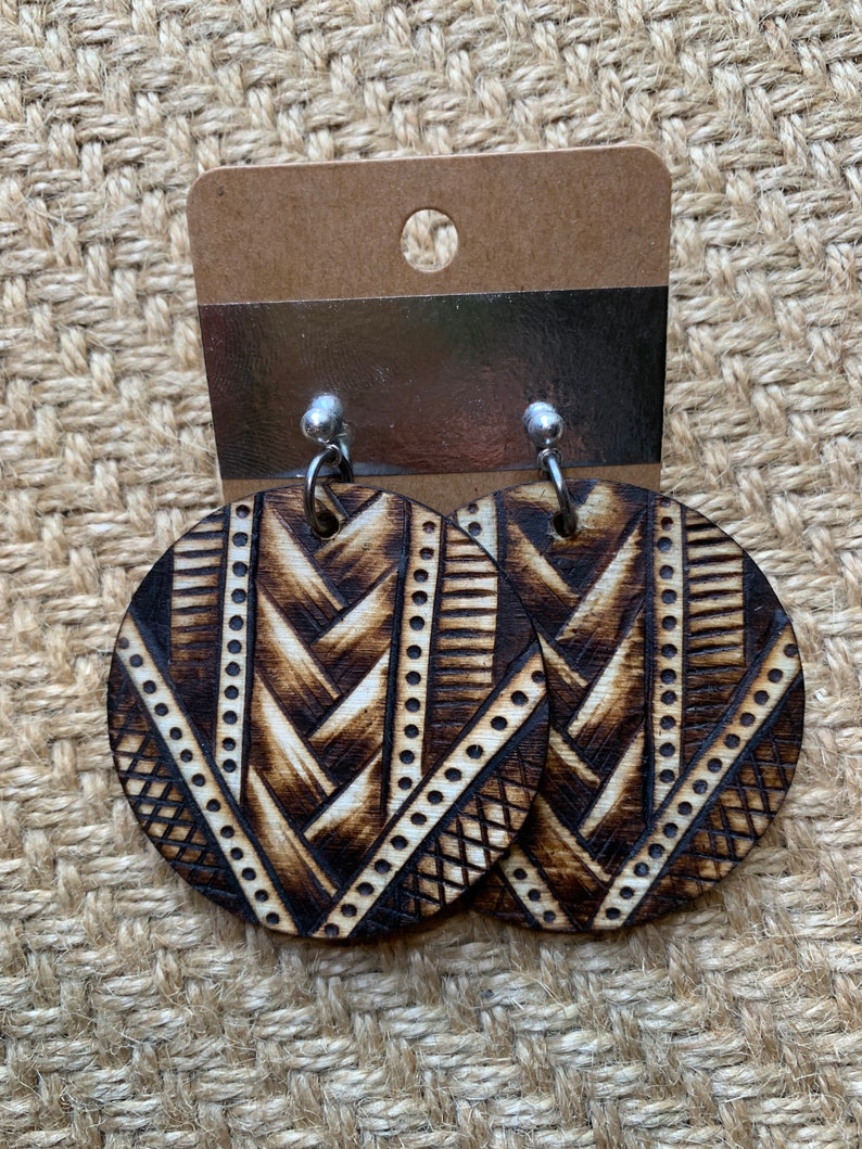 OOAK Free Shipping! Woodburned Earrings ~ Wood Circle Drop Earrings Boho Style