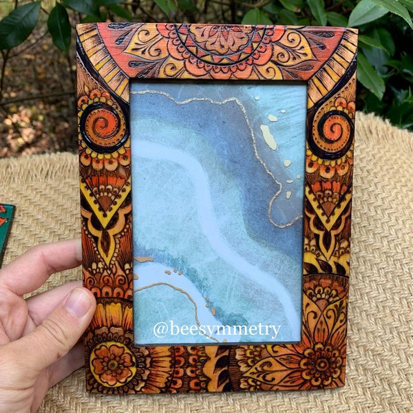 5x7 photo frame- Woodburned and painted by hand, one of a kind