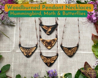 Butterflies, Moths, Hummingbird Necklaces~ Woodburned Pendants, Wooden Jewelry with Copper Beads, Brown Linen Cord