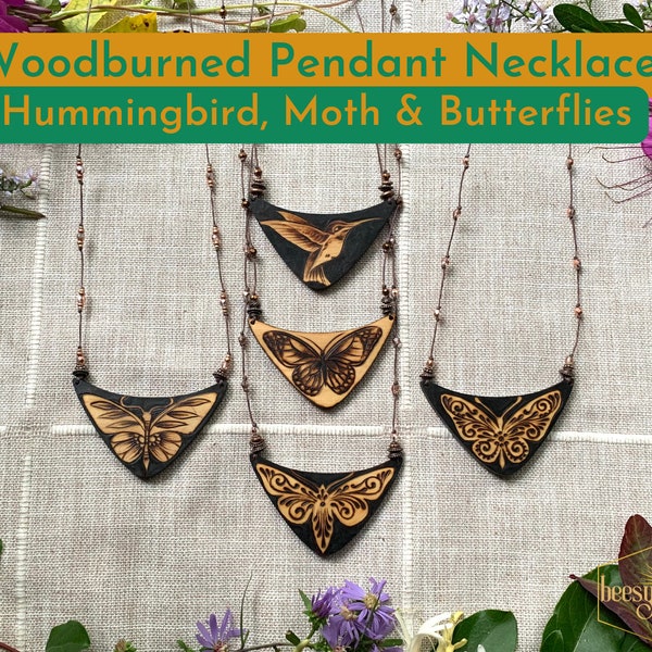 Butterflies, Moths, Hummingbird Necklaces~ Woodburned Pendants, Wooden Jewelry with Copper Beads, Brown Linen Cord