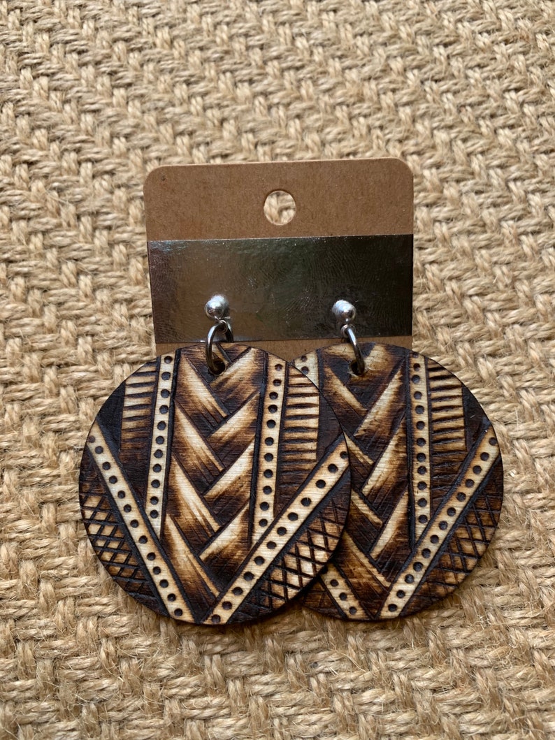 OOAK Free Shipping! Woodburned Earrings ~ Wood Circle Drop Earrings Boho Style