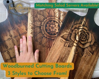 Woodburned Cutting Boards, Matching Serving Set, Acacia Wood Salad Servers and Charcuterie Board with botanical floral mandala designs