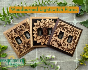 Lightswitch Covers Wood burned with Vines, Leaves, and Sunflower Wooden Wall plate with pyrography Double switch