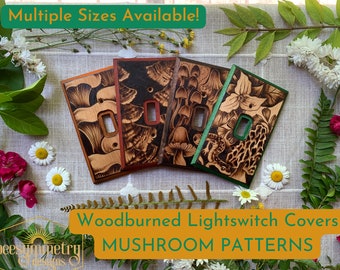 Mushroom Lightswitch Covers Wood burned wall plate with shroom patterns Wooden home decor pyrography light switch accents art morels oyster