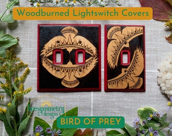 Bird of Prey Lightswitch Covers Bird Art Wood burned wall plate Wooden home decor pyrography light switch Hawk Eagle Native Tribal Design