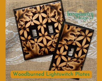 Flower of Life Oak Leaf Lightswitch Covers Wood burned Wooden Wall plate with pyrography Double or single switch