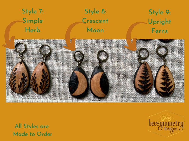 Wood Teardrop Earrings Geometric Designs Woodburned Drop Lightweight Simple Dangle Wooden Earrings Boho Pyrography image 5