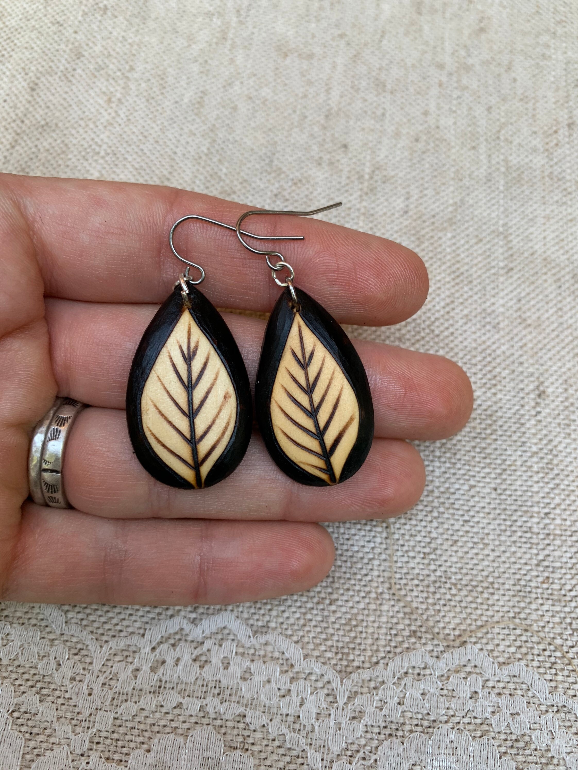 Woodburned Earrings Simple Leaf Wood Teardrop Drop - Etsy