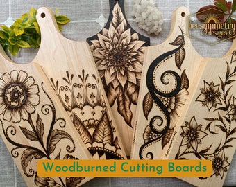 Floral Cutting Boards Maple Woodburned Wooden Serving Charcuterie Hostess Gift Kitchen Decor Wood Botanical Flowers Vines Plants Board