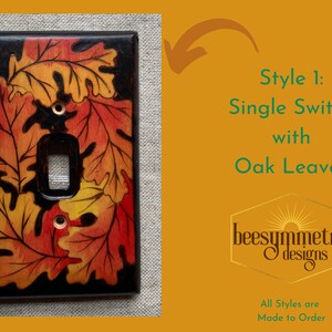 Lightswitch Covers Wood burned with oak leaves, sunflowers, earthy art deco designs Wooden Wall plate with pyrography light switch Style 1