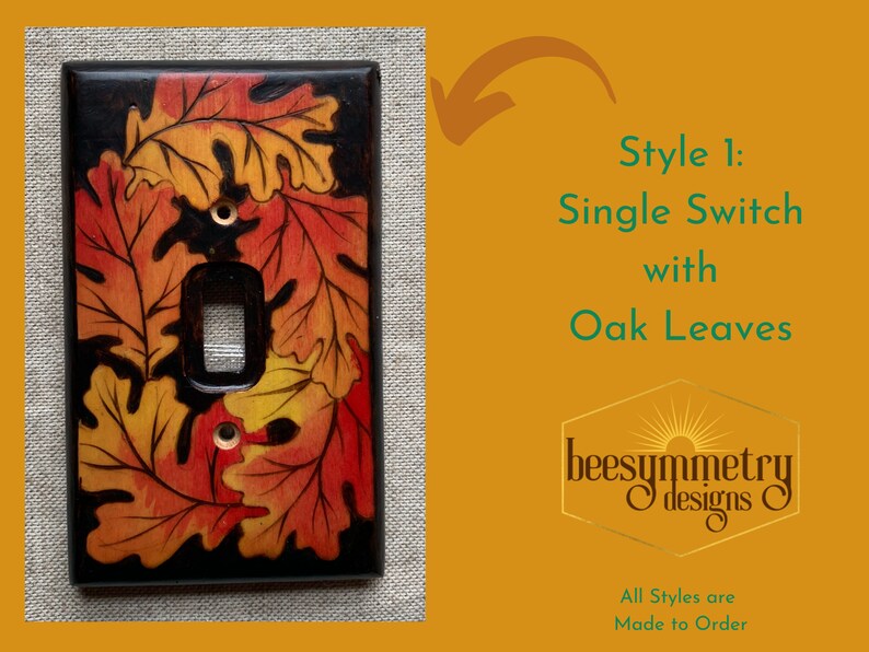 Lightswitch Covers Wood burned with oak leaves, sunflowers, earthy art deco designs Wooden Wall plate with pyrography light switch Style 1