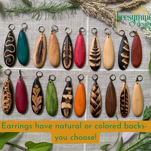 Long Wood Teardrop Earrings with Natural Designs, Feathers, Mushrooms, Ferns, Plants Wood burned Drop Dangle Wooden Boho Jewelry image 2