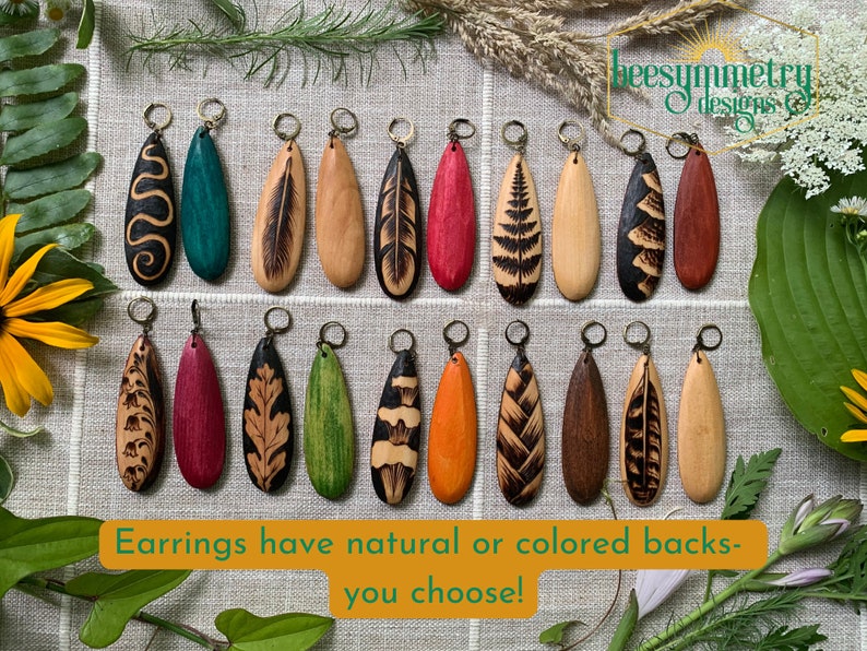 Long Wood Teardrop Earrings with Natural Designs, Feathers, Mushrooms, Ferns, Plants Wood burned Drop Dangle Wooden Boho Jewelry image 2