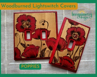 Poppies Lightswitch Covers - California Poppy Red Floral Botanical Vibrant Wood burned wall plate home decor pyrography light switch