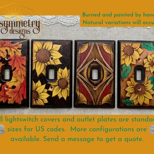 Lightswitch Covers Wood burned with oak leaves, sunflowers, earthy art deco designs Wooden Wall plate with pyrography light switch image 6