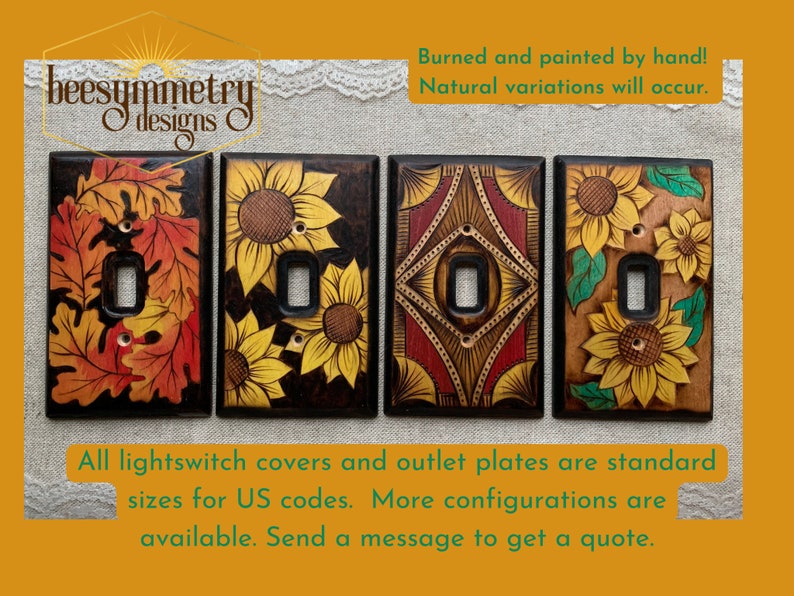 Lightswitch Covers Wood burned with oak leaves, sunflowers, earthy art deco designs Wooden Wall plate with pyrography light switch image 6