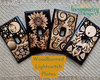 Lightswitch Covers Wood burned with moon, mountains, flowers and swirls Wooden Wall plate with pyrography light switch