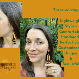 Long Wood Teardrop Earrings with Natural Designs, Feathers, Mushrooms, Ferns, Plants Wood burned Drop Dangle Wooden Boho Jewelry image 7