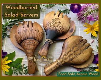 Woodburned Salad Servers, Acacia Wood Salad Scoops, Dark brown wooden Large Tongs with mandala and geometric ornate designs