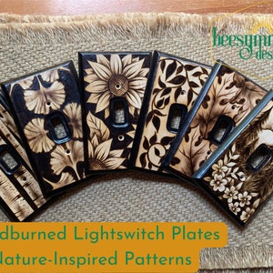 Nature Patterns Lightswitch Covers Wood burned Wooden Wall plate with birch trees, ginkgo leaves, sunflowers, oak leaves, pyrography