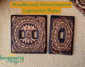 Lightswitch Covers Wood burned with henna inspired mandala designs Wooden Wall plate with pyrography Double switch