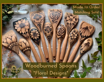 Woodburned Spoons - Floral Nature designs, food safe wood wooden spoons for kitchen cooking cook handmade gifts housewarming matching sets
