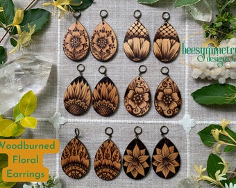 Flower Earrings Wooden Teardrops with Sunflowers, Daisies, Floral Henna Folk Floral Designs Wood burned Drop Dangle Wooden Boho