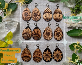 Bloem Oorbellen Houten Teardrops met Zonnebloemen, Madeliefjes, Floral Henna Folk Floral Designs Hout verbrand Drop Dangle Houten Boho