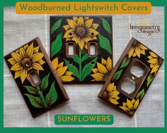 Sunflower Lightswitch Covers -Sunflower Yellow Green Botanical Floral Colorful Wood burned wall plate home decor pyrography light switch