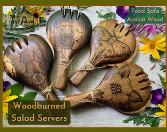 Holzverbrannte Salatbestecke, Salatschaufeln aus Akazienholz, dunkelbraune große Holzzangen mit Mandala- und Farnmotiven