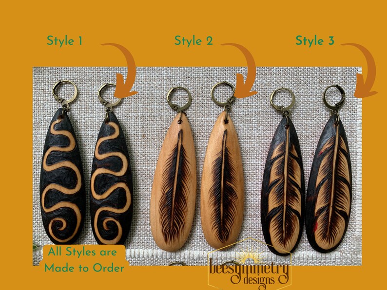 Long Wood Teardrop Earrings with Natural Designs, Feathers, Mushrooms, Ferns, Plants Wood burned Drop Dangle Wooden Boho Jewelry image 3