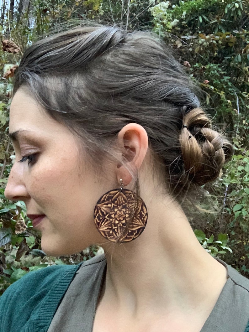OOAK Free Shipping! Woodburned Earrings ~ Wood Circle Drop Earrings Boho Style